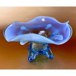 Antique Northwood Blue Opalescent Glass Compote Footed Bowl 1900s Trinket 6"